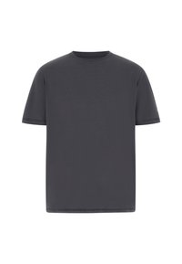 Dunkelgraues T-Shirt mit kurzen Ärmeln, rundem Halsausschnitt, aus glattem Stoff gefertigt, mit normaler Passform und sauberen, minimalistischen Nähten. Keine sichtbaren Logos oder Muster.