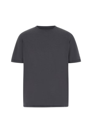 Ciemnoszary t-shirt z krótkim rękawem, okrągłym dekoltem, wykonany z gładkiej tkaniny o regularnym kroju i schludnych, minimalistycznych szwach. Brak widocznych logo czy wzorów.