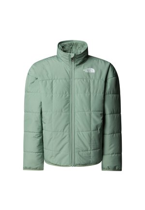 Hele roheline isoleeritud jakk kõrge kraega, lukuga, pehme sisevoodriga ja tikitud mustriga. Ees rinnal logoga detail.