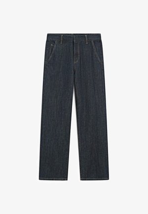 Dunkelblaue Jeans mit geradem Bein, Vorderentaschen, Gürtelschlaufen und sichtbaren kontrastierenden Nähten.