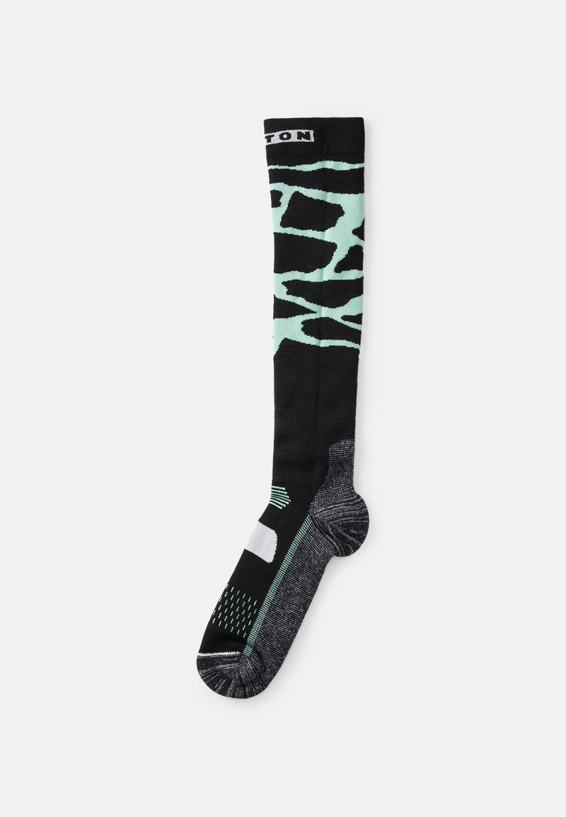 Sosete până la genunchi cu un model abstract verde mentă pe un fundal negru, cu accente texturate de gri și un vârf cu brand.