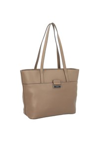 Beige leather tote bag with a textured finish, two long handles, and a metal clasp detail. Rectangular shape with reinforced stitching.