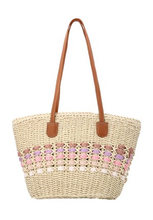 Geweven strooien tas met lange bruine leren handvatten en horizontale kleurrijke pastelkleurige garenaccenten in roze, paars en beige.