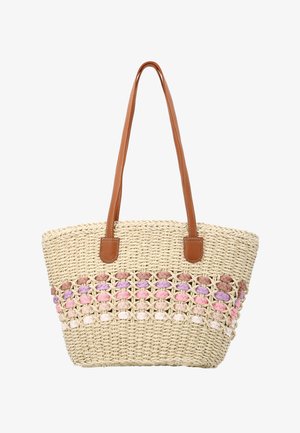 Geweven strooien tas met lange bruine leren handvatten en horizontale kleurrijke pastelkleurige garenaccenten in roze, paars en beige.