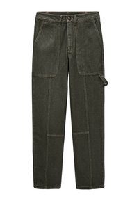 Pantalons cargo en denim vert foncé, dotés de plusieurs poches, d'une coupe droite et de coutures contrastées.