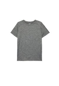 Graues Kurzarm-T-Shirt mit glatter Textur, Rundhalsausschnitt und raglanförmigen Ärmeln, die ein dezentes meliertes Muster aufweisen.