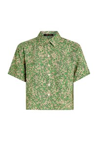 Kurzärmliges grünes Hemd mit floralem Muster und Beigetönen, klassischem Kragen und durchgehender Knopfleiste. Leichter Stoff.
