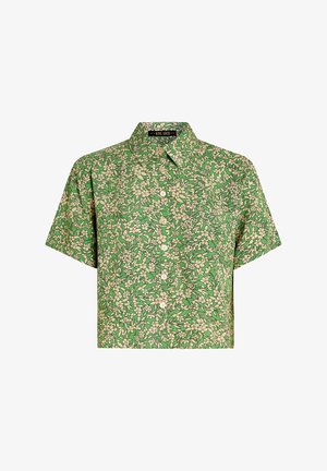 Kurzärmliges grünes Hemd mit floralem Muster und Beigetönen, klassischem Kragen und durchgehender Knopfleiste. Leichter Stoff.