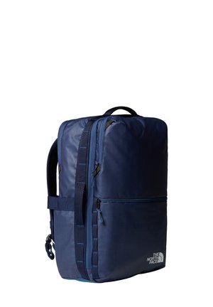 Rectangular navy blue backpack with front zip pocket, dual top handles, padded shoulder straps, and The North Face logo on the lower front side.