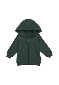 Zielona bluza z kapturem zapinana na zamek, wykonana z miękkiego materiału, wyposażona w przedni zamek, kieszenie typu kangur i przestronny kaptur. Ściągacze przy mankietach i na dole bluzy.