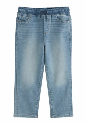 Jasnoniebieskie jeansy z denimu z elastycznym pasem i czarnym ściągaczem, z przednimi kieszeniami i przetarciami na udach.
