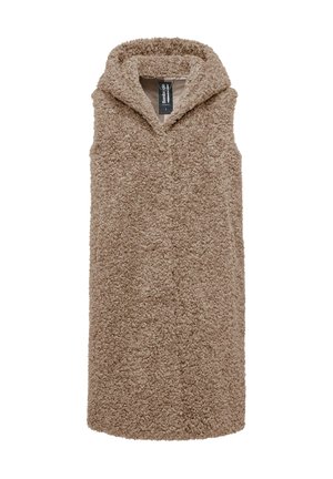 Hooded mouwloze vest in lichtbruin, gemaakt van zachte, textuurstof met een fuzzy uiterlijk. Heeft een eenvoudige, rechte snit.