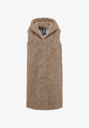 Hooded sleeveless vest in light brown, made of soft, textured fabric with a fuzzy appearance. Features a simple, straight cut.