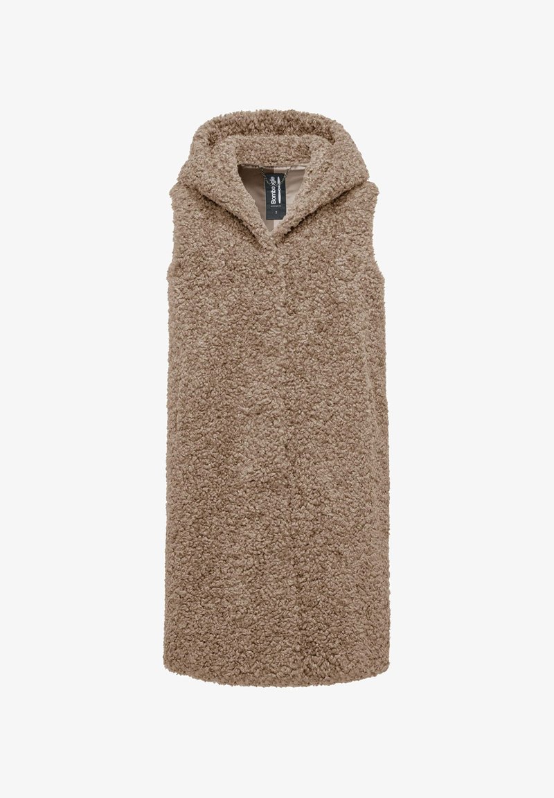 Bezrękawnik z kapturem w jasnobrązowym kolorze, wykonany z miękkiego, strukturalnego materiału o puszystym wyglądzie. Posiada prosty, prosty krój.
