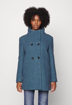 Teal wool blend coat with a high collar, double-breasted black button closure, and side pockets. Smooth texture and relaxed fit.
