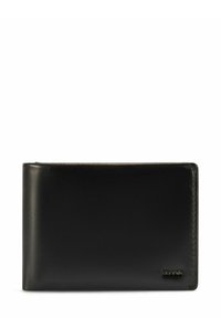Czarny skórzany portfel o gładkiej fakturze, z dwudzielnym designem i subtelnym logo w prawym dolnym rogu. Widoczne są detale przeszycia na krawędziach.