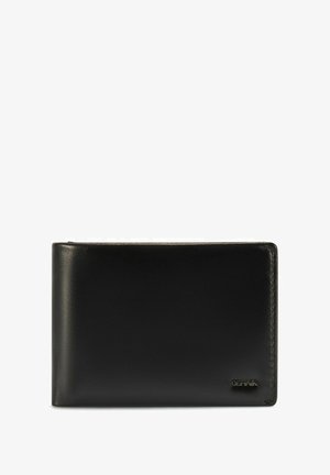 Czarny skórzany portfel o gładkiej fakturze, z dwudzielnym designem i subtelnym logo w prawym dolnym rogu. Widoczne są detale przeszycia na krawędziach.