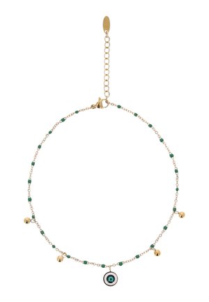 Delikatny naszyjnik na łańcuszku w złotym odcieniu z małymi zielonymi koralikami, pięcioma złotymi dzwoneczkami oraz centralnym zawieszką w kształcie niebieskiego i czarnego oka ochronnego.