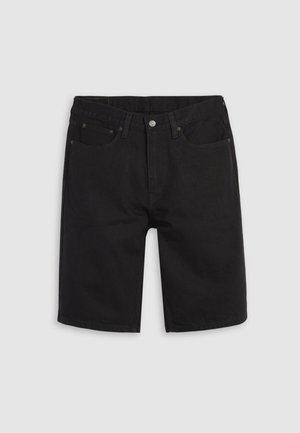 Shorts in denim nero con taglio dritto, dotati di due tasche frontali e chiusura con bottone metallico. Il tessuto ha una texture liscia e opaca.