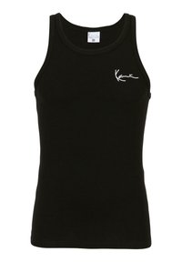 Sort ribbet tanktop med rund halsudskæring og smalle stropper. Har et hvidt broderet logo på venstre bryst.