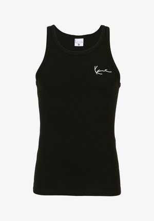Black ribbed tank top with a round neckline and narrow shoulder straps. Features a white embroidered logo on the left chest.