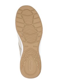 Suola di sneaker con un fondo in gomma marrone testurizzato e lati bianchi. Presenta un motivo di battistrada unico per trazione e flessibilità.