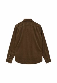 Camicia di corduroy marrone, con maniche lunghe, colletto, polsini con bottone e una texture a righe verticali, mostrata dal retro.