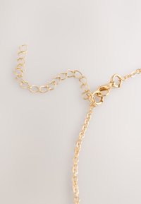 Gold chain necklace with round links and a lobster clasp. The chain has a smooth texture and features a heart-shaped link accent.