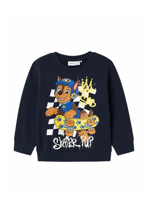 Marineblauer Pullover mit einem Comic-Hund, der einen Helm trägt, auf einem gelben Skateboard fährt und den Text "Skater Pup" auf einem karierten Hintergrund zeigt.