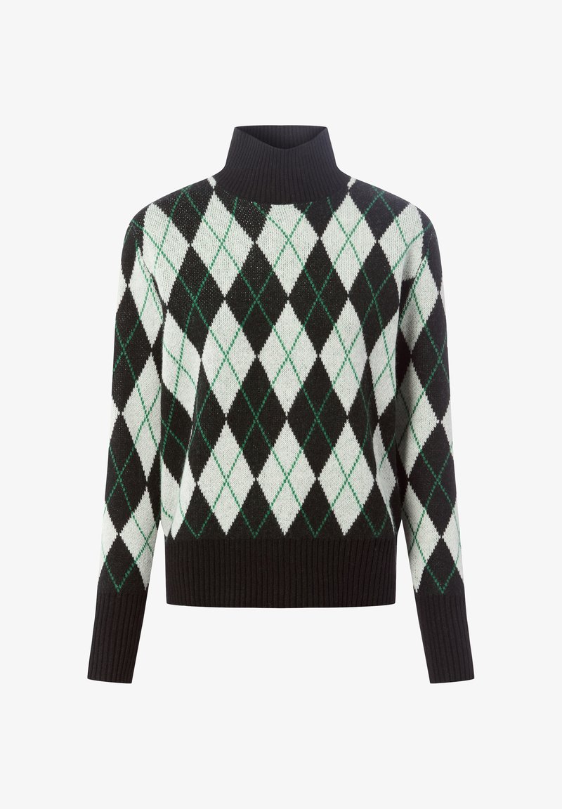 Pull en tricot noir avec un motif argyle vert et blanc, présentant un col montant et des poignets et un ourlet côtelés.