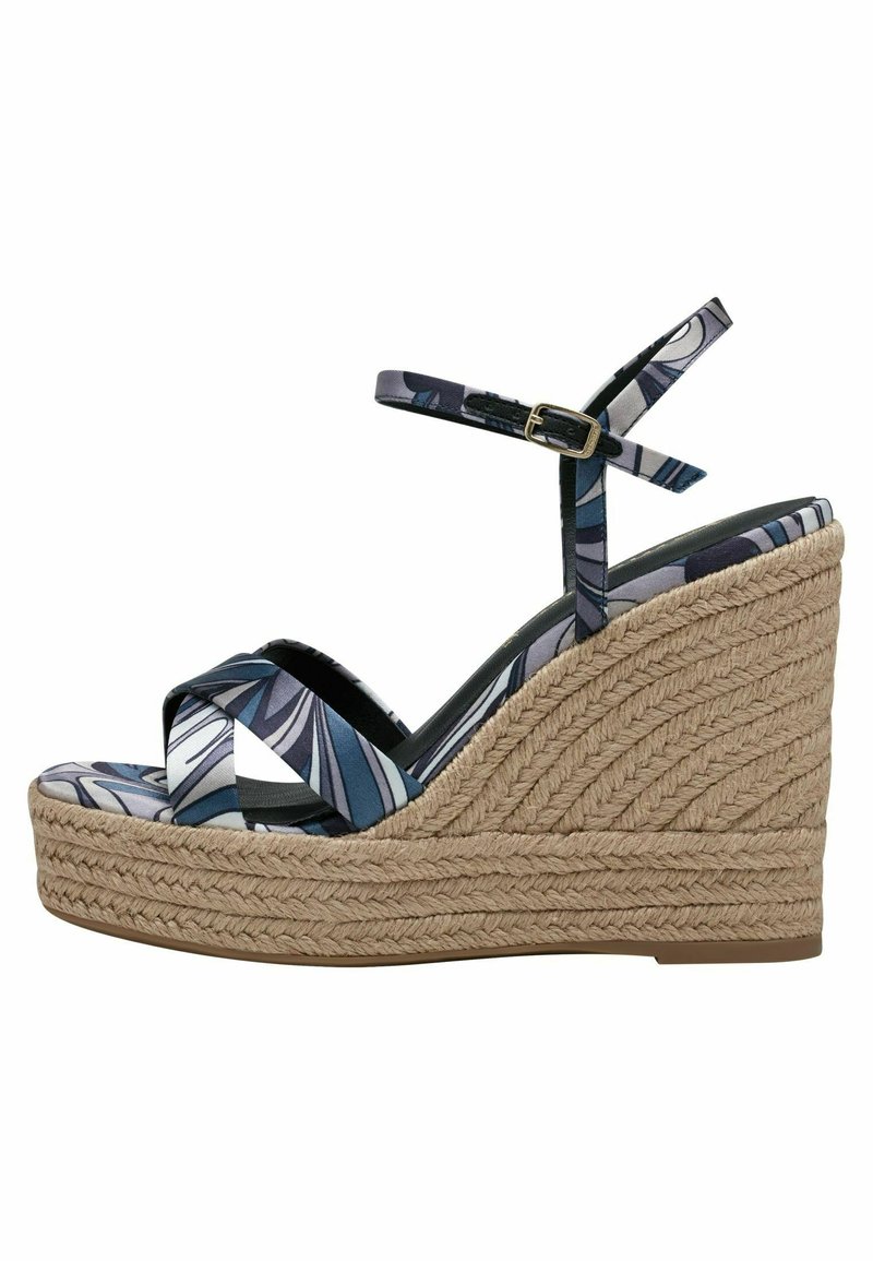 Wedge sandals featuring a blue and white patterned fabric upper, braided jute wedge, and an adjustable ankle strap.
