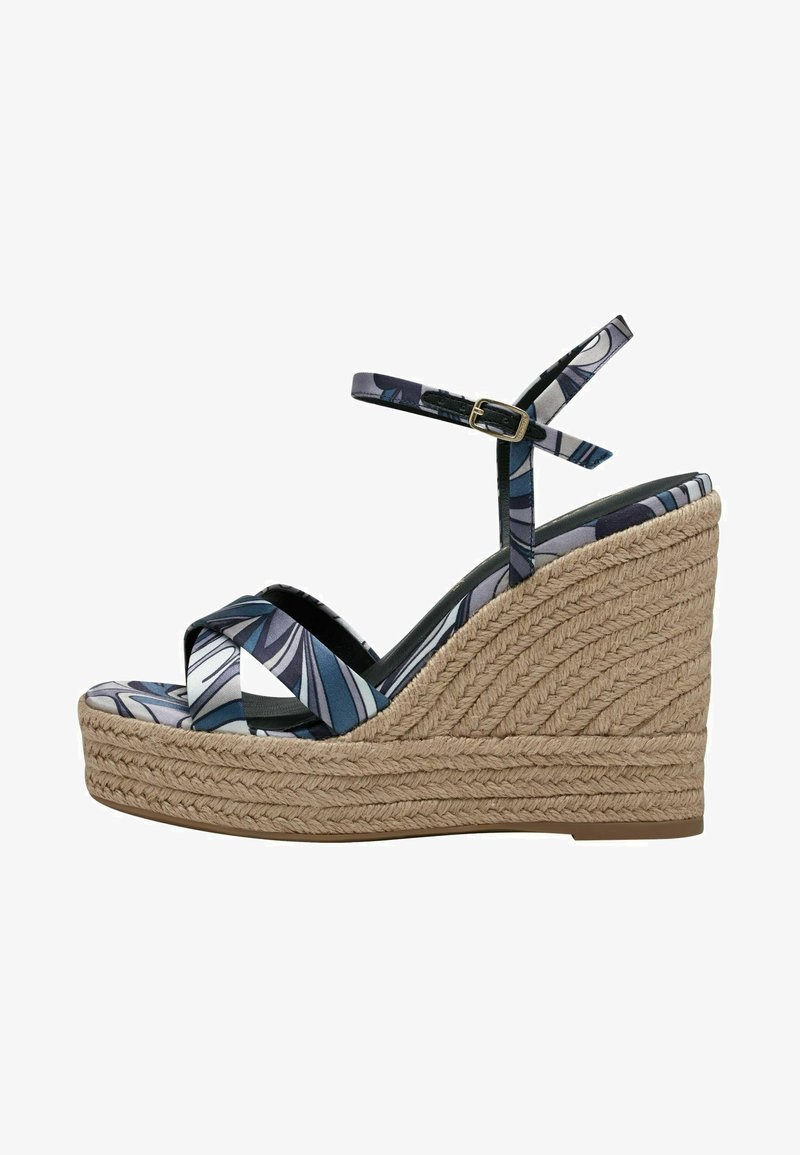 Wedge sandals featuring a blue and white patterned fabric upper, braided jute wedge, and an adjustable ankle strap.