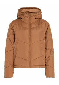 Brun puffjacka med huva, med en hel dragkedja fram, diagonala sömmar och en quiltad yta för isolering.