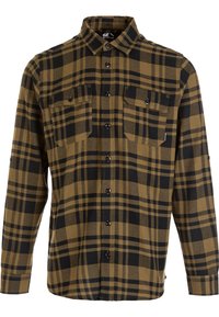 Bruine en zwarte geruite flanellen shirt met een knoopsluiting aan de voorkant, twee borstzakken en lange mouwen. Zachte textuur en een relaxte pasvorm.