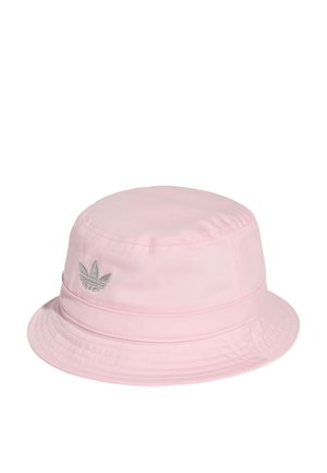 Light pink bucket hat with a small silver Adidas trefoil logo embroidered on the side.