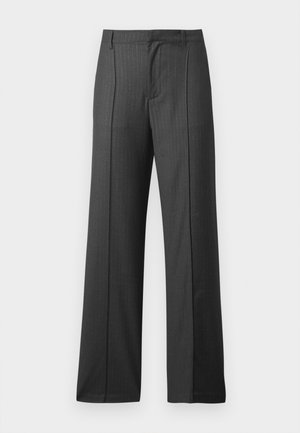 Gray tailored trousers with a pinstripe pattern, wide-leg design, and a flat front. Made from woven fabric with a smooth texture.