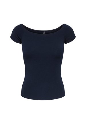 Σκούρο μπλε, εφαρμοστό κοντομάνικο τοπ με φαρδιά λαιμόκοψη και απλό σχέδιο, απεικονίζεται σε λευκό φόντο.