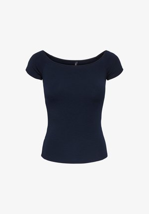 Haut ajusté bleu marine à manches courtes avec un large décolleté et un design simple, présenté sur un fond blanc.