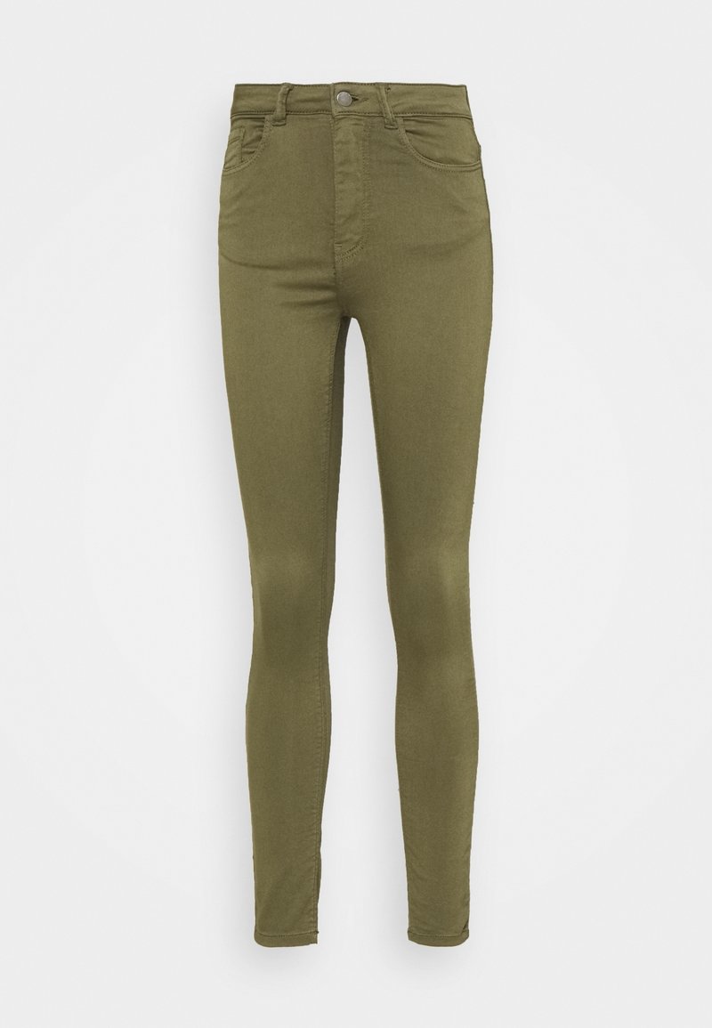 Pantalon taille haute slim vert olive avec fermeture à boutons et fermeture éclair à l'avant, passants pour ceinture, et poches avant et arrière.
