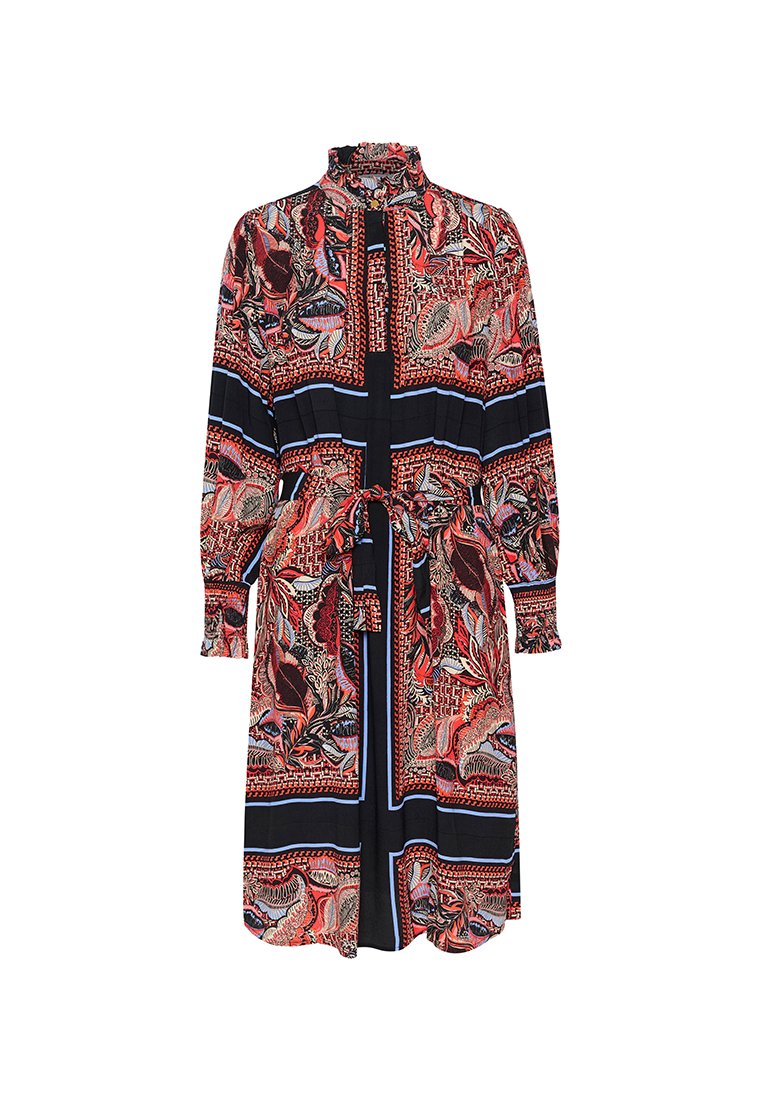 Sukienka z długim rękawem, zapinana na guziki, w wielokolorowy kwiatowy wzór z falbanym dekoltem i wiązaniem w talii, z czarnymi i niebieskimi akcentami.