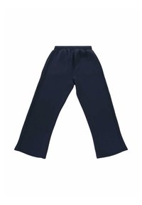 Marineblaue, weit geschnittene Sweatpants mit elastischem Bund, flach auf einem weißen Hintergrund ausgelegt.