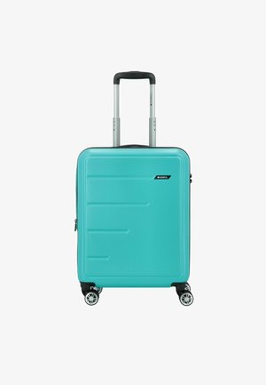 Turquoise hard-shell koffer met textuur, uitschuifbare zilveren handgreep en vier draaiwielen voor gemakkelijke mobiliteit.