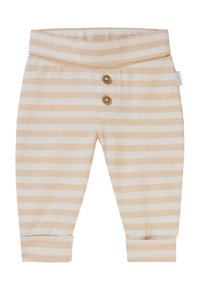 Beige en witte gestreepte babypants met een zachte tailleband, voorzien van twee houten knopen aan de voorkant en omgeslagen pijpen.