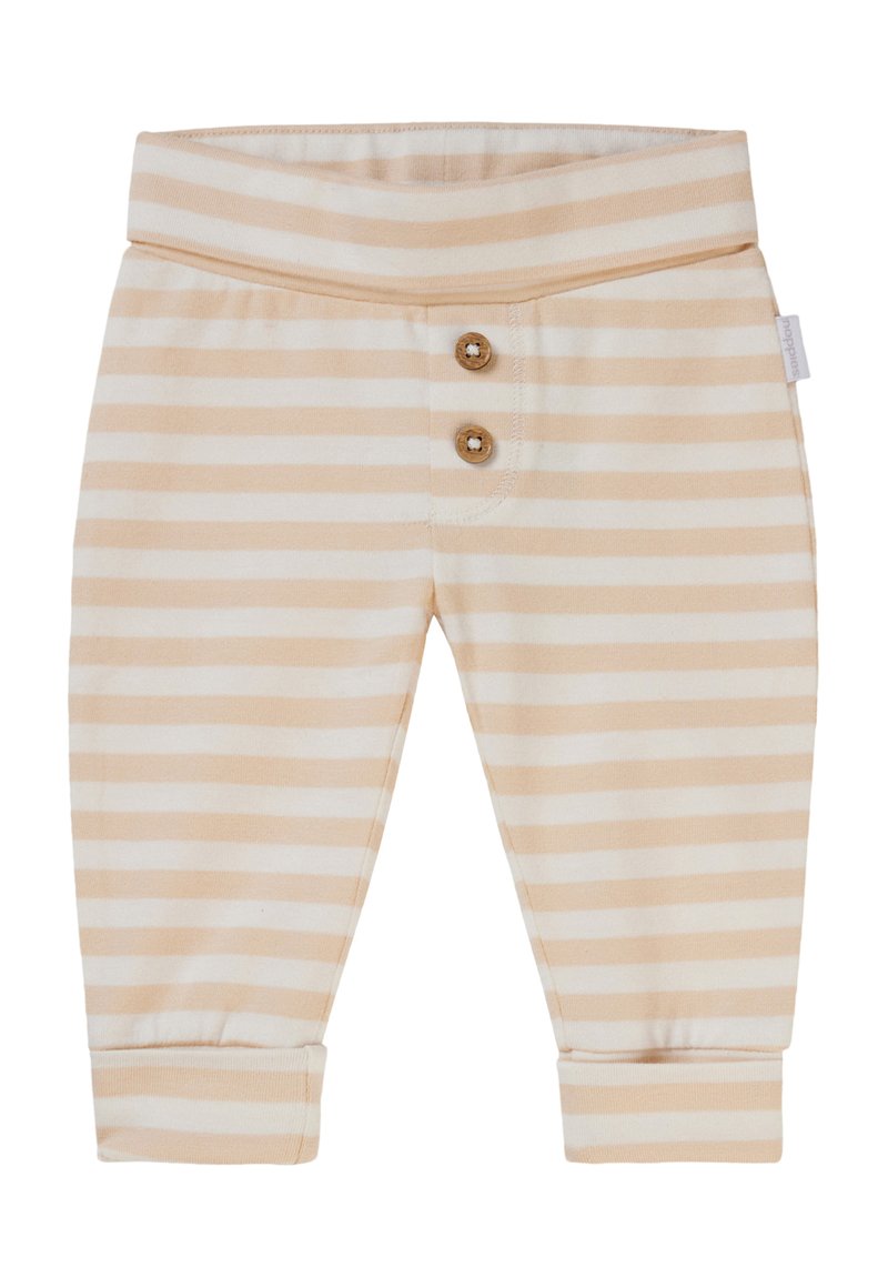 Beige en witte gestreepte babypants met een zachte tailleband, voorzien van twee houten knopen aan de voorkant en omgeslagen pijpen.