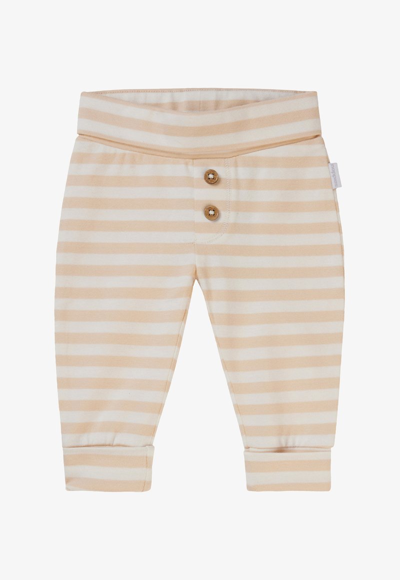 Beige en witte gestreepte babypants met een zachte tailleband, voorzien van twee houten knopen aan de voorkant en omgeslagen pijpen.