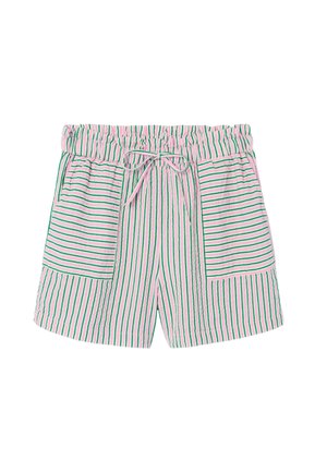 Shorts roses à rayures verticales vertes, taille élastique, nœud devant et poches plaquées devant.