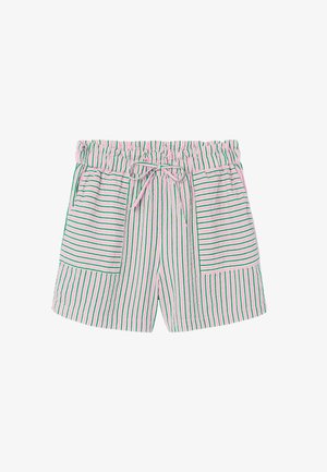 Shorts roses à rayures verticales vertes, taille élastique, nœud devant et poches plaquées devant.