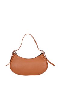 Borsa a tracolla in pelle color tan con una forma curva, una singola tracolla corta e una superficie testurizzata. Presenta una chiusura con zip e accenti decorativi.