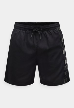 Pantaloncini da bagno neri con vita elasticizzata, coulisse e pannello laterale trasparente con motivo geometrico. Texture liscia, vestibilità regolare.