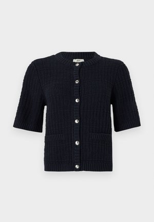 Navy blue short-sleeve cardigan made of textured knit fabric, featuring a round neckline, front buttons, and two pockets.